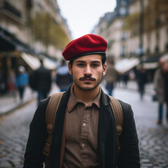 A young man with a mustache wearing a red beret and backpack standing on a city street with blurred background