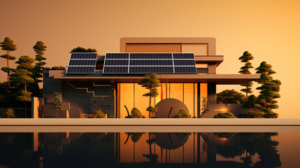 Beautiful house with swimming pool, solar panels and trees. Created with AI