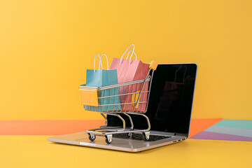 Product package boxes and a shopping bag placed in a cart with a laptop computer. Illustrating the concept of online shopping and delivery, against a yellow background with space for text.