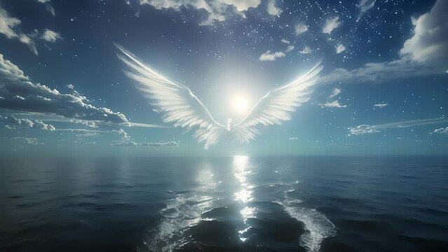 A set of delicate wings made entirely of shimmering moonbeams and starlight hovering above a peaceful ocean on a quiet night.