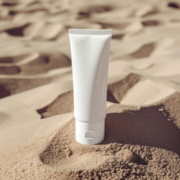 Mockup of a white plastic UV sun protection cream bottle on beach sand with a natural tropical atmosphere, good for beauty, health, business, blogs, marketing, summer time etc.