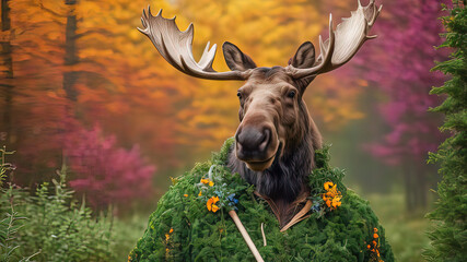 Moose in gardener suit. Man with moose head against color background
