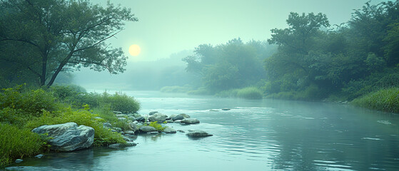 Fototapeta premium a river with rocks and grass in the middle of it
