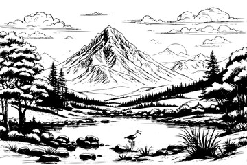 Mountain with pine trees and lake landscape. Hand drawn rocky peaks in sketch style.