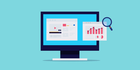 Video advertising performance data and analytics report, vector illustration web banner.
