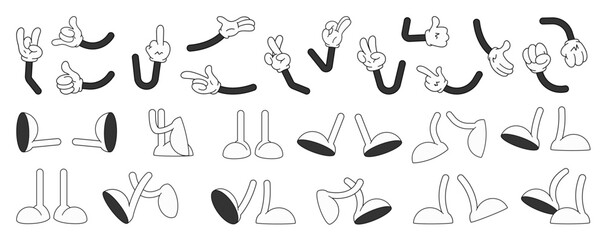 Retro cartoon legs and hands, Hands with gloves and feet with boots, various poses for characters, a set of poses, gestures, placement of hands and feet. Mascot character set. Cartoon set of limbs