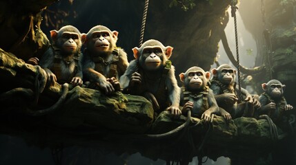 A troop of monkeys swinging through the trees - obrazy, fototapety, plakaty