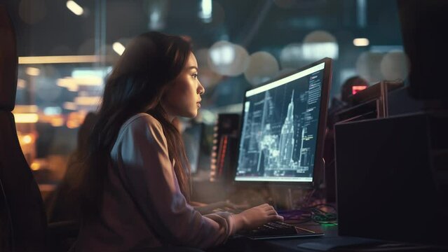 side view of woman sitting and working at computer . seamless looping overlay 4k virtual video animation background 