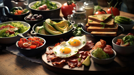 Fototapeta na wymiar A spread of delicious brunch dishes, including omelets, bacon, and avocado toast