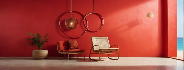 A beautiful and bright shiny day with red colored wall and sitting chair for relaxation, with beautifully decorated modern interior