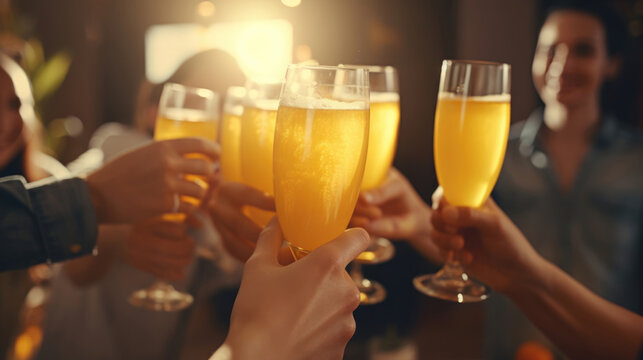 A cheerful group of people toasting with mimosas and clinking glasses