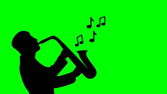 Animated illustration of a person playing the saxophone on a green screen