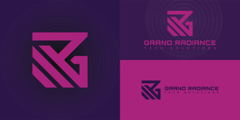 Naklejka premium Initial letter GR or RG logo template with geometric square shape illustration in flat design monogram symbol presented with multiple background colors. The logo is suitable for a technology company