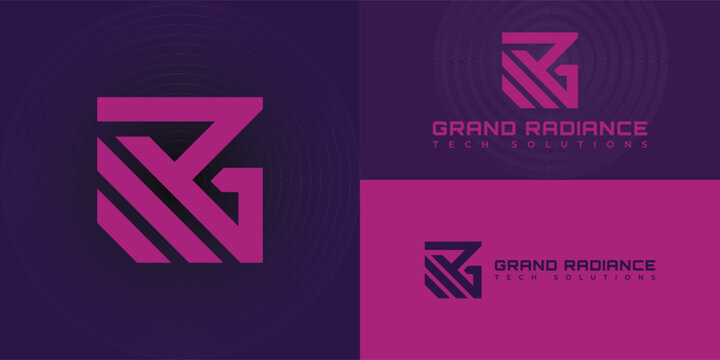 Initial letter GR or RG logo template with geometric square shape illustration in flat design monogram symbol presented with multiple background colors. The logo is suitable for a technology company