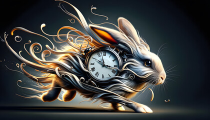 Running rabbit with a clock on its back. Time moving fast concept