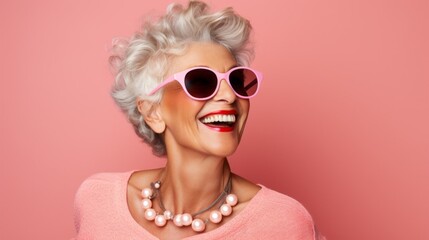 A close-up portrait of a happy smiling gray-haired fashionable senior woman in sunglasses, with makeup and hairstyle, snow-white teeth, beads on her neck on a peach background with a copy space.