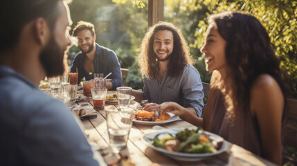 A group of friends seated at a sunny outdoor table,  enjoying a social brunch