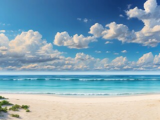 Fototapeta na wymiar Tropical beach under blue sky with white clouds and copy space