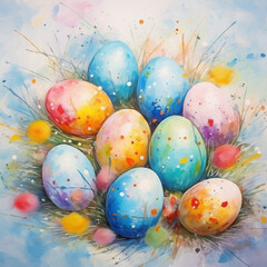 Fototapeta na wymiar Watercolour Painting Colourful Easter Eggs in Grass 