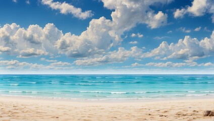 Tropical beach under blue sky with white clouds and copy space