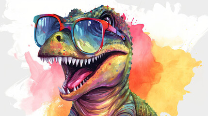 Cute dinosaur baby T-rex wearing sunglasses. Holiday banner. Watercolor hand drawing. Birthday greeting card