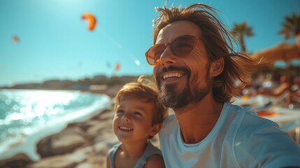 Fototapeta na wymiar Joyful Father and Son Enjoying the Beach