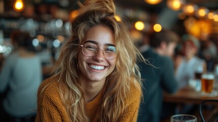 Radiant Young Woman with Glasses in a Cafe