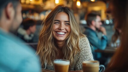 Joyful Woman Laughing in Coffee Shop - obrazy, fototapety, plakaty
