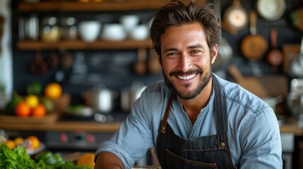 Fototapeta premium Charming Chef in Apron in Modern Kitchen