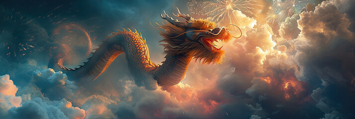 Close up of a dragon flying through the sky with clouds. and fireworks, Suitable for fantasy book covers or mythical creature themed designs.chinese new years - obrazy, fototapety, plakaty