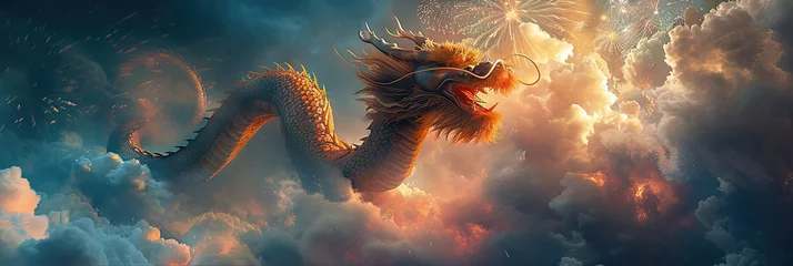 Tuinposter Close up of a dragon flying through the sky with clouds. and fireworks, Suitable for fantasy book covers or mythical creature themed designs.chinese new years © Planetz