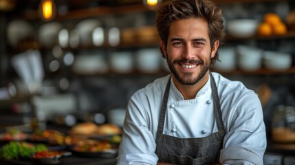 Fototapeta premium Friendly Chef with Welcoming Smile in Restaurant Kitchen