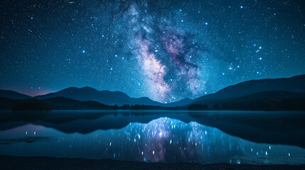 A starry night sky over a secluded lake, with the Milky Way reflected in the still water and a silhouette of mountains in the background - Powered by Adobe