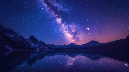 A starry night sky over a secluded lake, with the Milky Way reflected in the still water and a silhouette of mountains in the background
