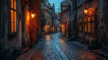 A narrow cobblestone street in an old town, lined with historic buildings and lit by warm street lamps at dusk