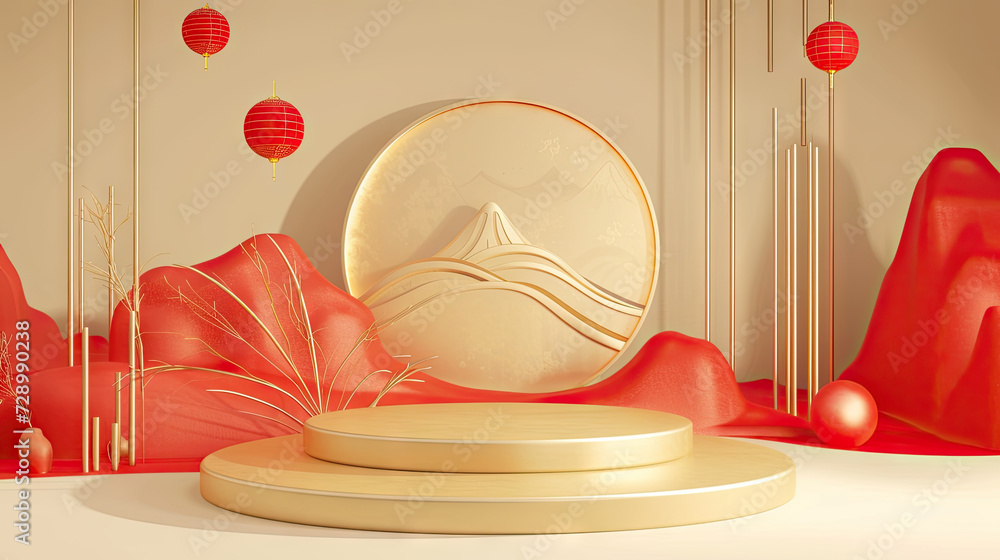 Wall mural empty red gold podium platform for product presentation. 3d rendering luxury pedestal stand show. ch