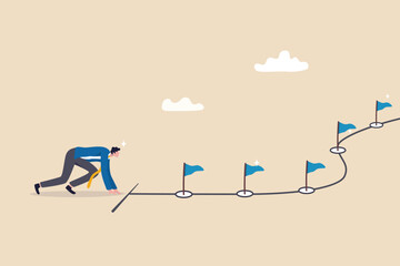 Start new business journey, career milestones or achievement, ready to win or overcome challenge, entrepreneurship to achieve goals or target concept, businessman ready to run on business milestones.
