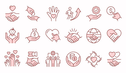 Charity icons, such as handshake, heart, donation, partnership, volunteer and more. . Editable stroke.