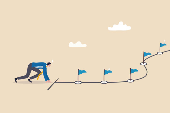 Start new business journey, career milestones or achievement, ready to win or overcome challenge, entrepreneurship to achieve goals or target concept, businessman ready to run on business milestones.