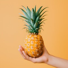 Hand Holding Pineapple on Yellow Background
