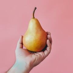 Hand Holding Pear on Pink Background