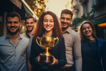 Happy worker team in office holding a golden trophy to celebrate succession of a big project with a sunset light effect background. Generative AI. - obrazy, fototapety, plakaty
