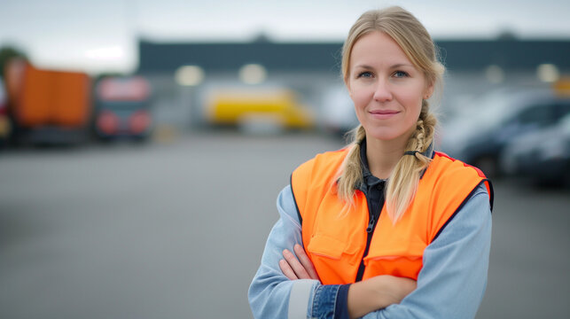 A woman wearing a high-visibility vest stands in a warehouse's loading yard