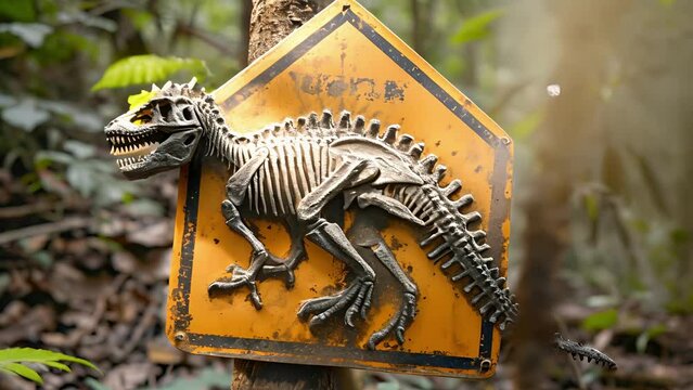 A sign warning visitors not to support illegal fossil trade or smuggling activities with images of confied dinosaur fossils serving as a reminder of the consequences.