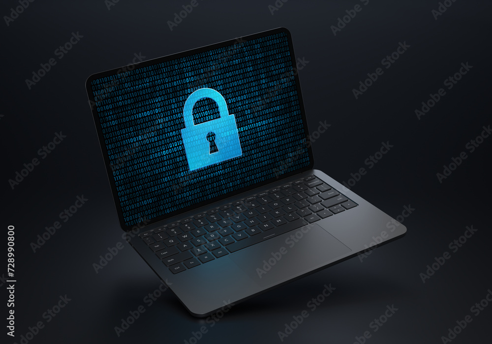 Poster laptop device on a dark background with a stylish angled placement showing a digital lock icon on th