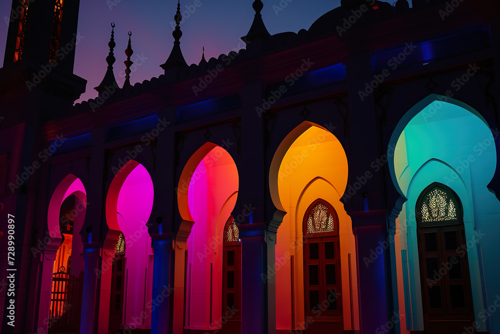 Sticker silhouette of a mosque with colorful lights