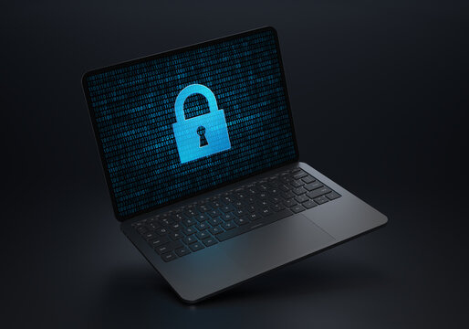 Laptop device on a dark background with a stylish angled placement showing a Digital Lock icon on the screen. Realistic rendering.