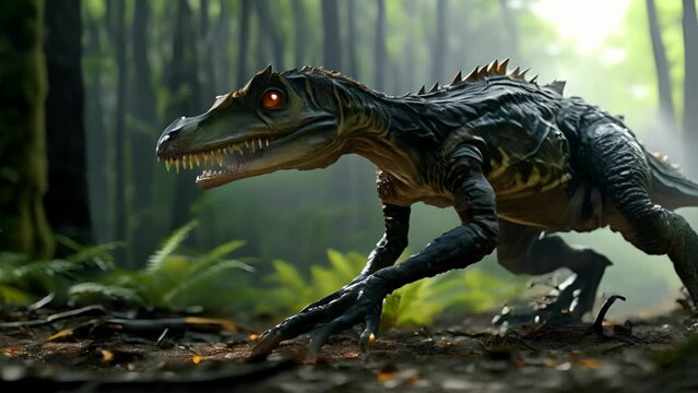 With razorsharp claws at the ready the Coelophysis silently creeps through the dark woods on the prowl for its next meal.