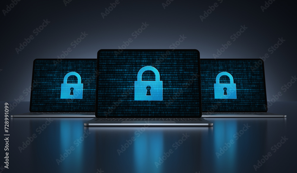 Poster laptop devices with digital lock icon on their screens on a dark background. realistic rendering.