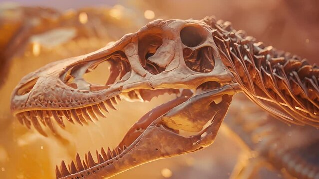 A closeup view of a Velociraptor skull as seen through a VR display revealing intricate details and textures.